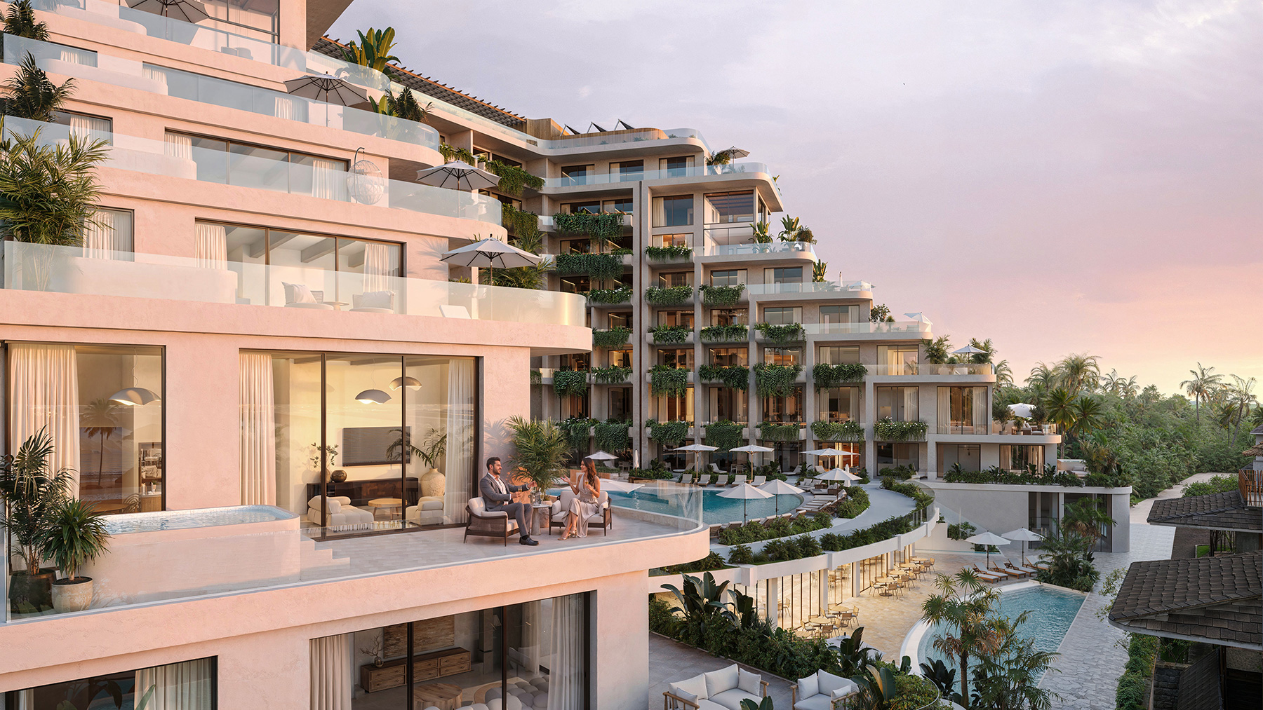 Cascading terraces and greenery along the resort facade